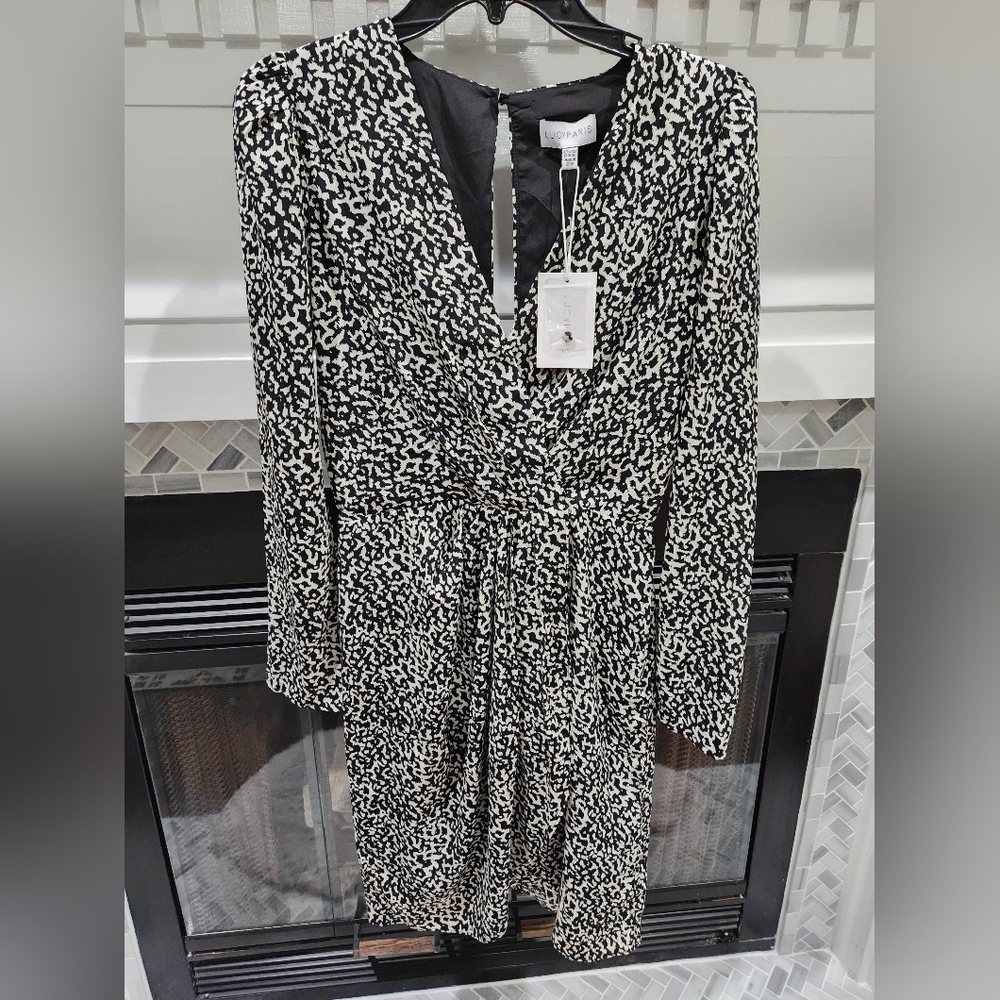 NWT Lucy Paris Izzy Long Sleeve Surplice Black and White Mini dress XS